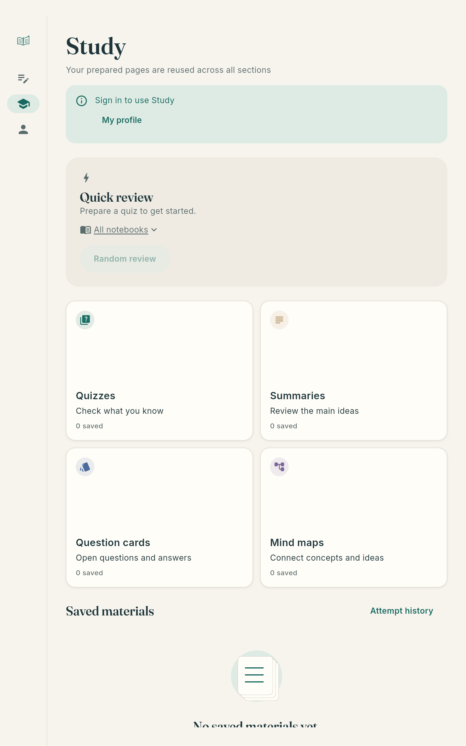 studIA Notes study screen with a quiz generated from the student’s notes